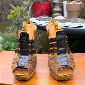 Tory Burch Tan and Black Wedge Sandals